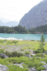 Detail shot of the wonderfull Sorapiss lake in the italian Alps, in the Dolomites mountains range...