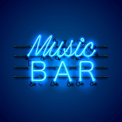 Neon music bar signboard on the blue background. Vector illustration