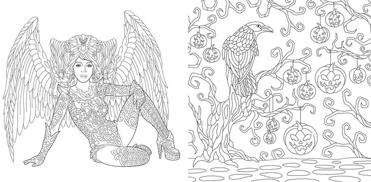 Coloring pages with Halloween angel or witch and crow bird