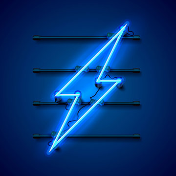 Neon sign of lightning signboard on the blue background. Vector illustration