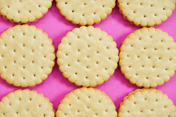 A row of brown cookies. Close up.