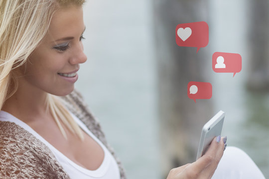 Beauty Blonde Young Adult Blogger Girl using Smartphone,  Like, Follower, Comment icons