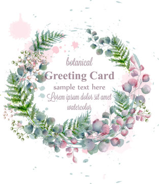 Botanical frame decor watercolor card Vector. Beauty botany greenery wreath illustrations