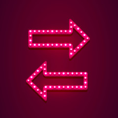 Neon arrow left and right on the red background. Vector illustration