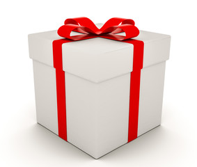 White gift box with red ribbon bow, isolated on white. 3D render