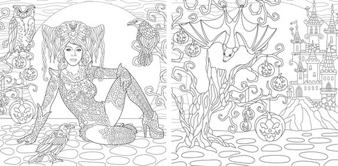 Coloring pages with Halloween witch girl, bat, spooky horror castle, evil pumpkins
