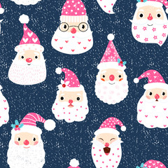 Cute and funny seamless pattern with hipster Santa faces on dark background for Christmas and New Year designs