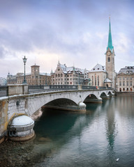 Old Zurich town in winter, view on lake