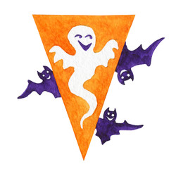 Colorful happy halloween holiday flag with smiling ghost and bats. Cartoon horror character. Watercolor hand drawn painting illustration isolated on a white background.