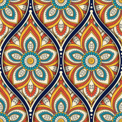 Seamless pattern with ethnic mandala ornament. Hand drawn illustration