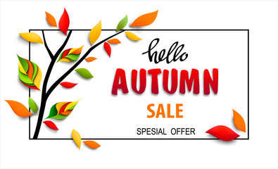 Autumn sale banner with text hello autumn, sale and special offer. Vector illustration with tree branch and colorful paper leaves - 227051501