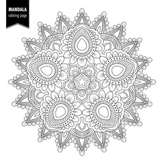 Monochrome ethnic mandala design. Anti-stress coloring page for adults. Hand drawn illustration