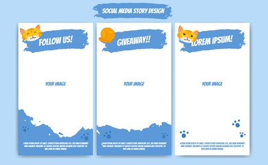 Editable social media story frame template. cute cat creative blue abstract paint background