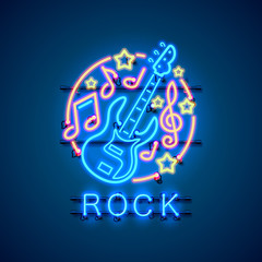 Neon label music rock banner. template design element. Vector illustration