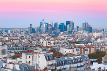 Fototapeta na wymiar Aerial view from Montmartre over Paris roofs and La Defense business district at nice sunrise, Paris, France