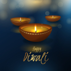 Vector festive illustration for Indian Hindu holiday Deepavali with 3D realistic oil lamp and effect bokeh. Blue background for design of banners for festival of lights with text Happy Diwali and diya