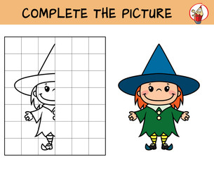 Complete the picture of a little witch girl. Copy the picture. Coloring book. Educational game for children. Cartoon vector illustration