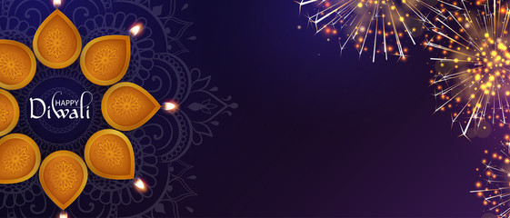 Purple Happy Diwali banner with oil lamps and fireworks. - 227055357