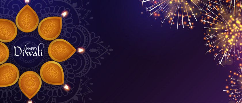 Purple Happy Diwali banner with oil lamps and fireworks.