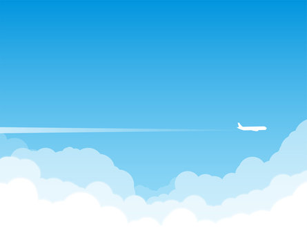 Fototapeta Airplane flying above clouds. Jet plane with exhaust white trail. Blue gradient and white plane silhouette. White and transparent clouds on the blue sky.