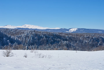 Fototapeta na wymiar Panoramic view of the mountains. In the foreground there is a snow-covered glade, on the middle a forest, on the far a cliff, on the background. The Main Caucasian Ridge, Russia