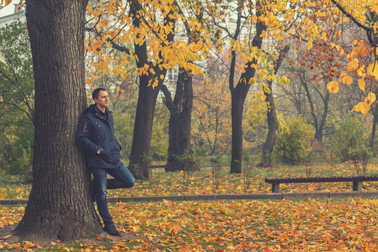 Handsome man walking in the autumn park