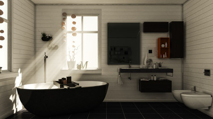 Rustikales Bad mit Badewanne am späten Nachmittag