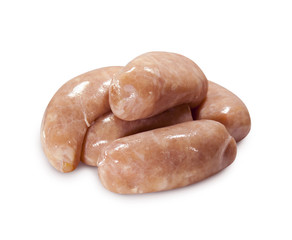 Raw chicken sausages on white isolated background