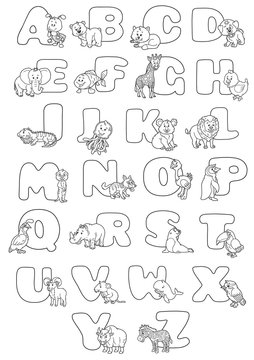 Cartoon alphabet poster. Vector illustration of educational alphabet coloring book page with cartoon characters for kids