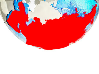 Asia on 3D Earth with divided countries and watery oceans.
