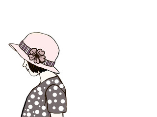 Drawing girl wearing hat stand alone.