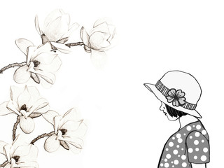 Drawing girl wearing hat stand alone.