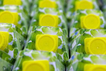 Fruit juices on store shelves in supermarket.