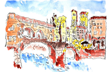 Urban sketch of the old European town Watercolor and liner drawing