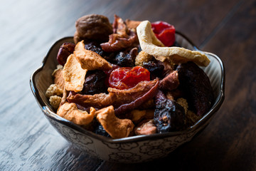 Dried Fruits; Apple, Apricot, Mulberry, Raisin, Fig, Cranberry, Raspberry and Date in Bowl.