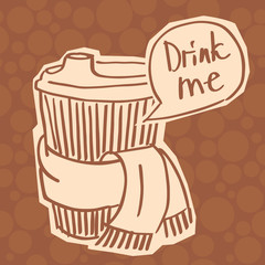 A vector image of a coffee to go with a scarf. Winter autumn square hot drink image 