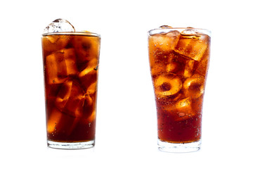 Drink cola with ice in glass on white background