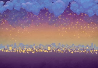 Cartoony Skyline Background at sunset with clouds and stars