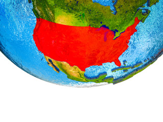 USA on 3D Earth with divided countries and watery oceans.