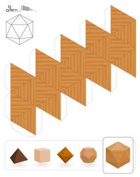 Platonic solids. Template of a icosahedron with wooden texture to make a 3d paper model out of the triangle net.