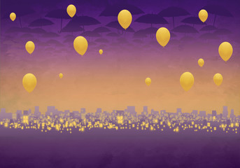 Cartoony Skyline Background at sunset with clouds, umbrellas and yellow balloons