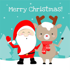 Cute santa claus and reindeer cartoon lovely christmas background.