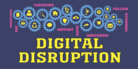 DIGITAL DISRUPTION Panoramic Banner with Gears icons and tags, words. Hi tech concept. Modern style