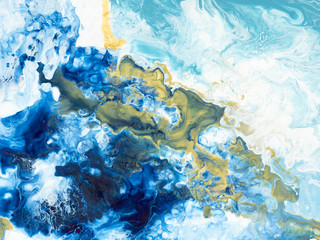 Blue and gold creative abstract hand painted background, marble texture