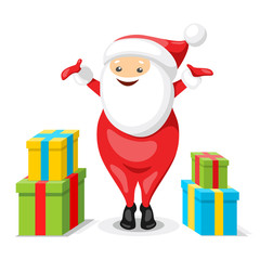 Santa Claus character. Happy Santa Claus with hands up, around christmas gift boxes. Vector illustration in cartoon style.