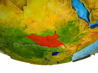 South Sudan on 3D Earth with divided countries and watery oceans.