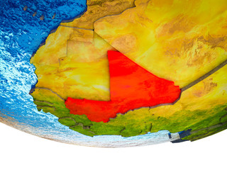 Mali on 3D Earth with divided countries and watery oceans.