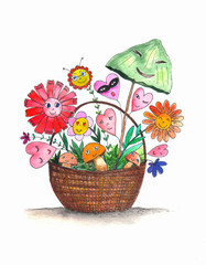 Watercolor illustration. Cute cartoon characters in a basket. Mushrooms, flowers and hearts with different emotions.