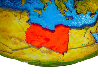 Libya on 3D Earth with divided countries and watery oceans.
