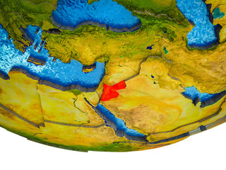 Jordan on 3D Earth with divided countries and watery oceans.